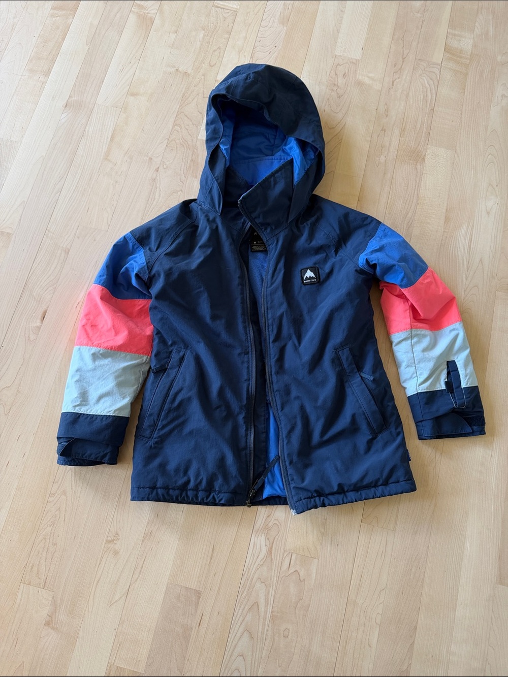 Burton Navy Hooded Puffer Jacket with Coral and Light Gray Sleeve Panels